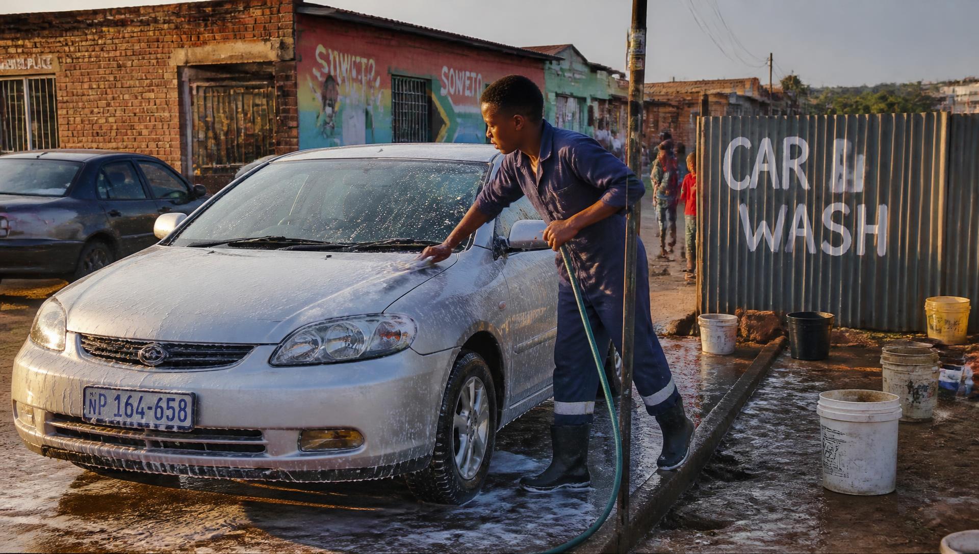 Car wash attendant in overalls washing a soapy silver sedan at a Soweto township car wash